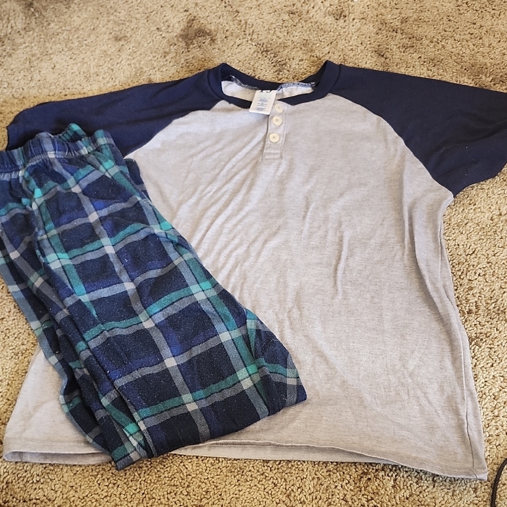 Casual Blue and Gray Raglan Tee with Plaid Pajama Pants